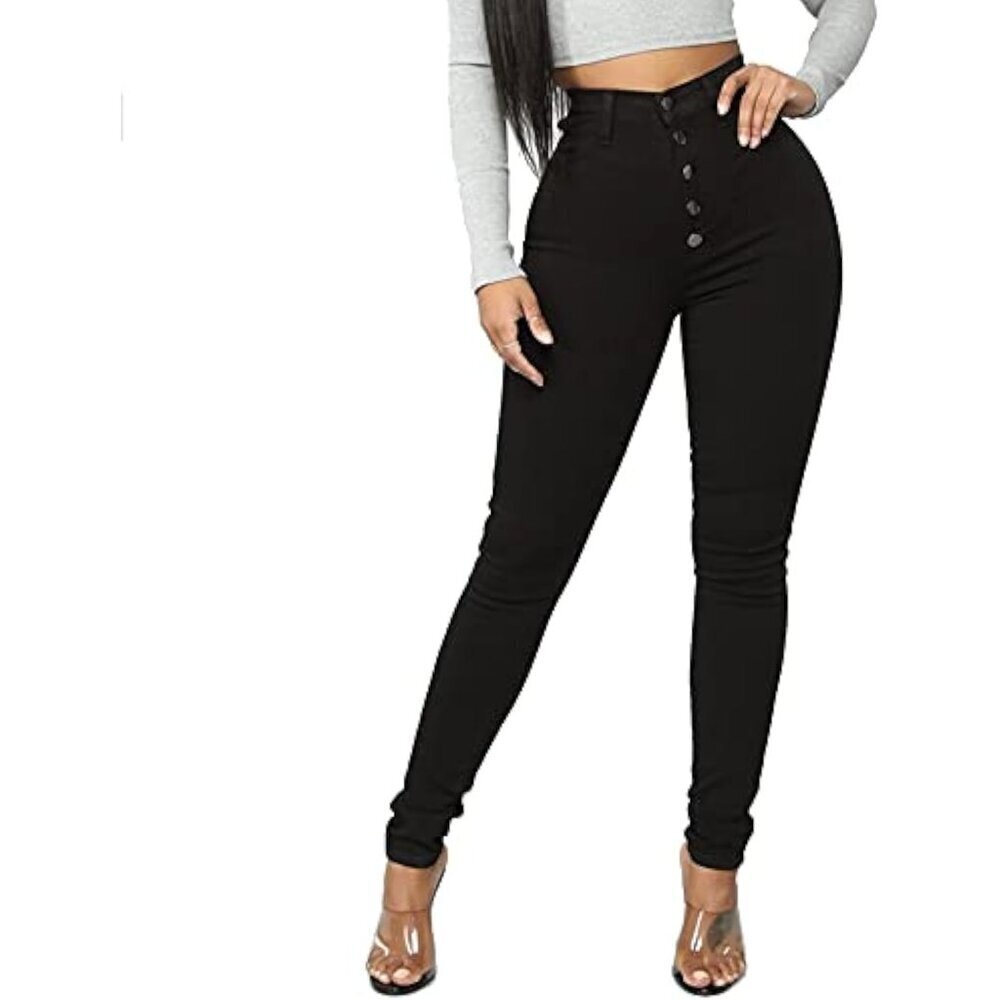Women's High Waist Stretch Jeans Black Size M Skinny Push Up Button